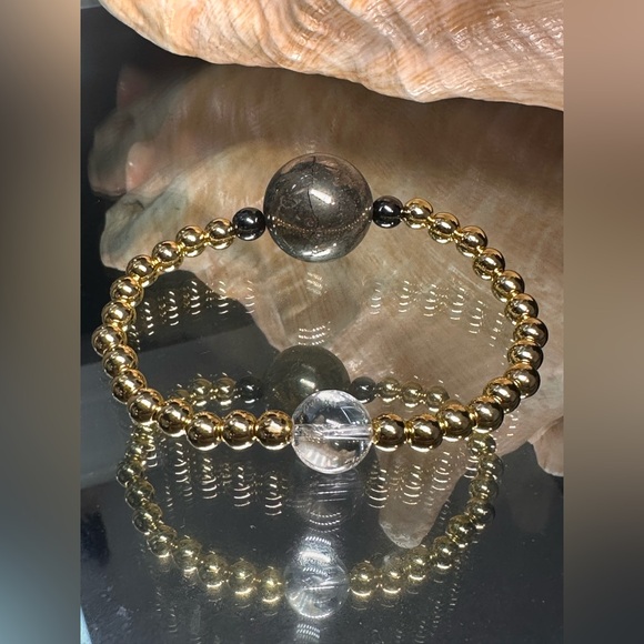 CLEAR  QUARTZ + GOLD-FILLED + PYRITE NATURAL STONES BRACELET size 7” - Picture 7 of 16